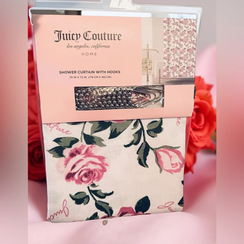 Juicy Couture Los Angeles NWT Beautiful Pink Rose Floral Shower Curtain & Hooks